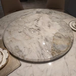 Round Marble Dining Table with Built-in Rotating Tray Woven Leather Pedestal and Metal Base